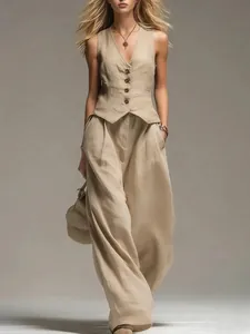 Ensemble deux pièces en lin pour femme avec gilet col en V et pantalon large chic