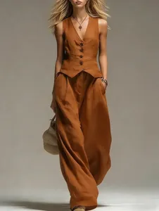 Ensemble deux pièces chic pour femme, gilet col en V et pantalon large orange brûlé