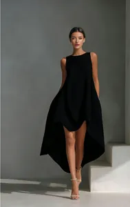 Elegant sleeveless solid black dress featuring a round neck and asymmetrical high-low hem.