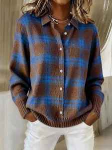Women's autumn lapel plaid knit cardigan sweater in blue and brown color block