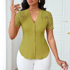 Elegant lime green V-neck button-up blouse with lace shoulders and textured slim fit design