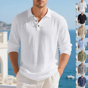 Comfortable casual men's linen cotton long sleeve polo shirt in multiple colors