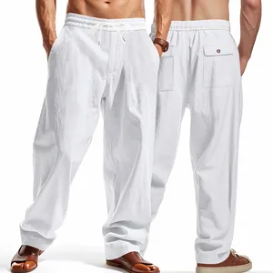 Front and back detail view of premium white loose-fit linen casual pants for men