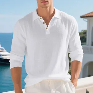 Close-up of white breathable linen long-sleeve polo shirt for men in resort setting