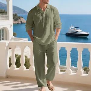 Close-up view of men's breathable olive green linen set on a Mediterranean balcony