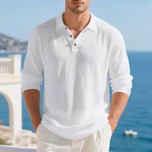 Men's breathable white cotton linen long sleeve polo shirt in a relaxed leisure fit