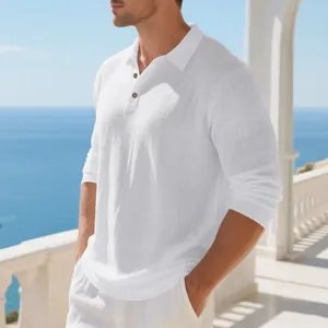 Detail view of breathable white cotton linen polo shirt for men on a balcony