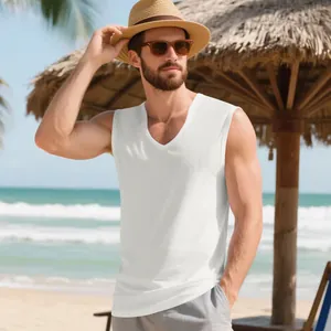 Close-up of a men's white V-neck quick-dry athletic tank top worn at the beach