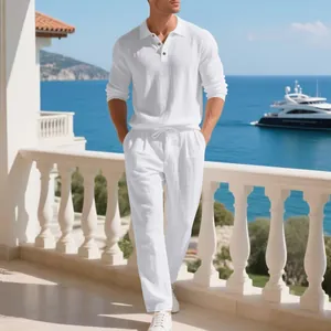 Men's breathable white linen casual set featuring long sleeve shirt and matching trousers