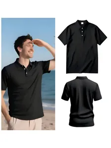 Heren linnen polo met korte mouwen in zwart getoond op model en platte voor- en achterkant