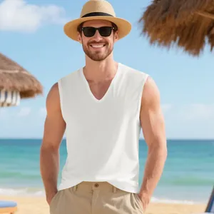 Detailed view of men's white V-neck quick-dry muscle sports tank top in beach setting