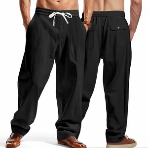 Detailed view of men's loose linen straight-leg pants with front and back design