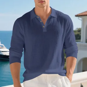Men's casual blue linen polo shirt with long sleeves and breathable fabric detail