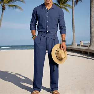 Ensemble chemise à manches longues et pantalon en lin bleu marine pour homme plage