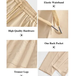 Detailed views of beige men's trousers showing waistband, drawstring, pocket and trouser legs