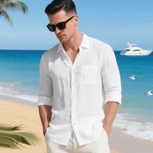 Camicia da spiaggia in lino bianco da uomo a maniche lunghe con colletto a rever
