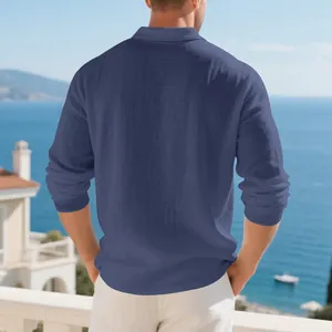 Rear view of a man wearing a breathable dark blue linen-blend casual long-sleeved shirt