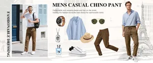 Detailed outfit layout with men's brown casual chino pants and blue dress shirt