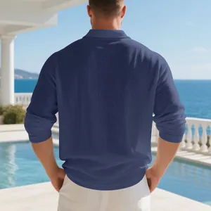 Back view of a breathable navy blue cotton-linen long-sleeve polo shirt for men.