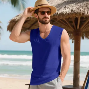 Close-up of men's quick-dry blue V-neck muscle tank top for summer beach sports.