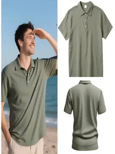Gedetailleerd overzicht van ademend olijfgroen linnen poloshirt voor heren met strandfoto