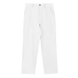 Pantaloni casual bianchi traspiranti in misto lino da uomo con dettaglio bottone in vita