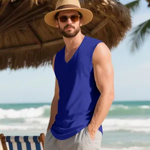 Men's V-neck quick-dry muscle tank top shown in a beach lifestyle setting