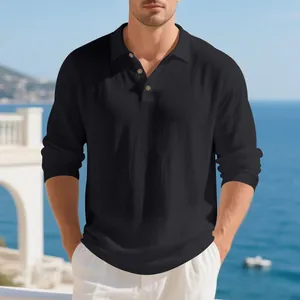Men's black cotton linen long sleeve polo shirt with buttons and lapel collar
