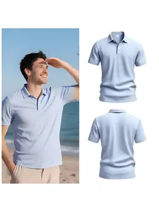 Detailweergave van ademend lichtblauw linnen poloshirt voor heren met voor- en achterkant