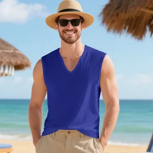 Close-up shot of men's blue V-neck quick-dry athletic muscle tank top on a sunny beach