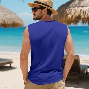 Back view of a blue quick-dry breathable men's fitness tank top shown in a beach setting