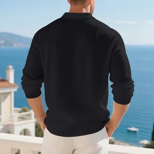Back view of men's black linen long sleeve polo shirt with breathable fabric detail