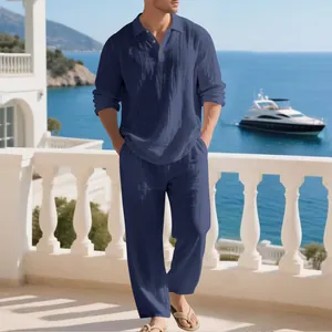Men's breathable navy linen two-piece casual set featuring long sleeves and loose pants