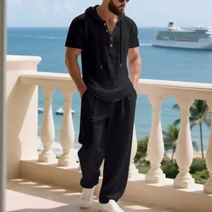 Completo casual da uomo in lino nero con cappuccio e pantaloni per vacanze estive