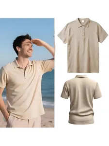 Ademend beige linnen poloshirt voor heren op model en in platte detailweergaven