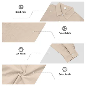 Dettagli della camicia di lino da uomo che mostrano collo, tasca, polsino e trama del tessuto.