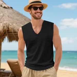 Close-up detail of a black quick-dry V-neck sports tank top for men's summer fitness