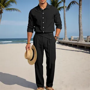 Ensemble chemise et pantalon en lin noir pour homme, tenue de plage décontractée chic