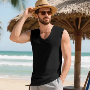 Close-up detail of a men's V-neck quick-dry muscle sports training vest in black
