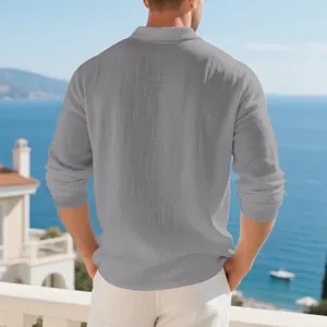 Back view of a men's casual grey linen long-sleeve shirt with textured fabric