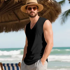 Men's athletic V-neck quick-dry muscle tank top in black for summer beach and gym