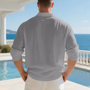 Detailed back view of men's casual grey linen long sleeve shirt with breathable texture