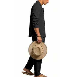 Vue détaillée de l'ensemble chemise manches longues et pantalon en lin noir pour hommes