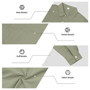Dettagli della camicia da uomo in lino verde oliva con colletto e taschino vista