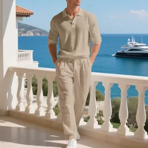 Detailed shot of men's breathable linen casual set on a scenic seaside balcony