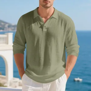 Men's sage green linen cotton long sleeve polo shirt with buttons in resort style