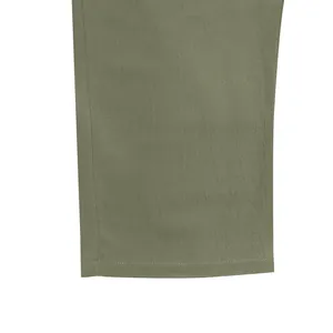 Close-up of the hem on these men's olive green loose casual linen beach pants.