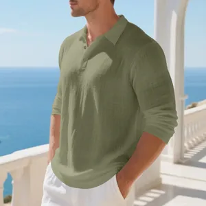 Detailed view of casual olive green long-sleeved cotton linen polo shirt for men on balcony