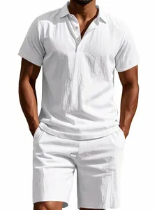 Ανδρικό Casual Σετ Polo από Μείγμα Λινού Αναπνεύσιμο Πέτο Κοντό Μανίκι Top And Shorts Set Μονόχρωμο Καλοκαιρινό Κοστούμι