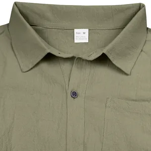 Macro detail of breathable olive green linen blend shirt collar with size M tag